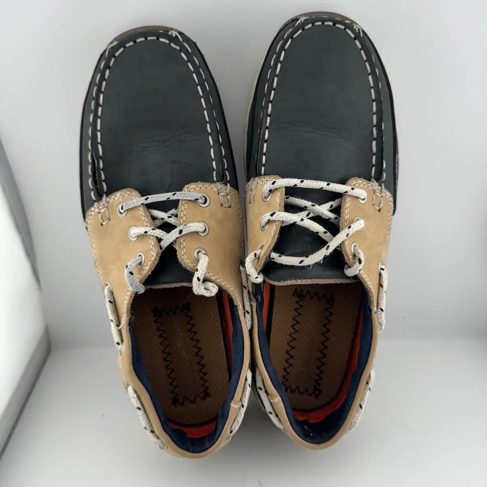 Rockport Works Boat Shoes Mens 8.5W Navy Tan Steel Toe Leather RK670 Safety Shoe